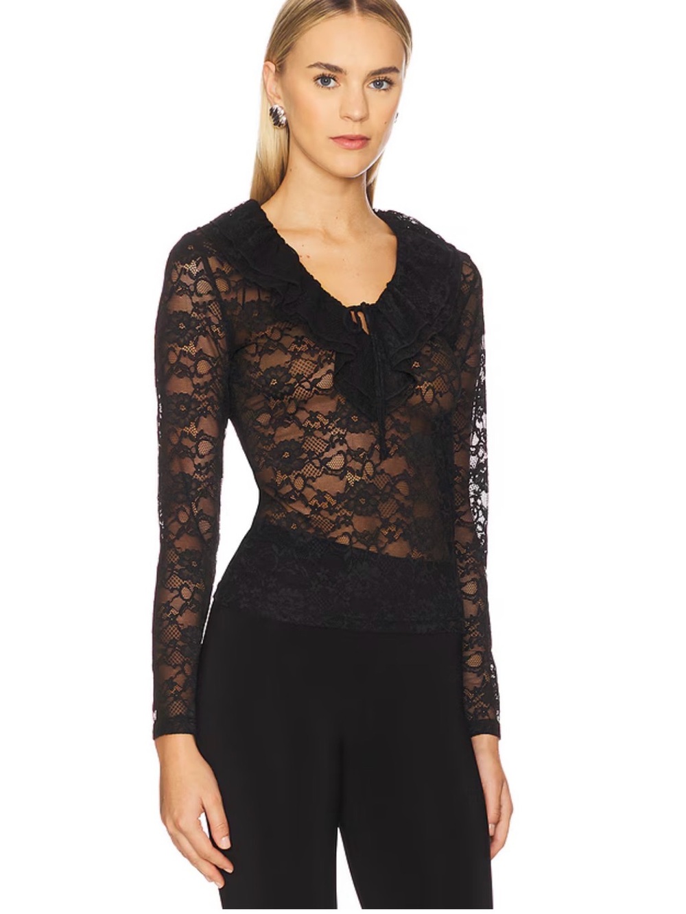 Revolve Elvie Black Sheer Lace Ruffle V-Neck Long Sleeve Top